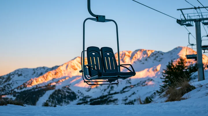 A ski lift stands empty against snowy peaks illuminated by golden sunlight at sunset.