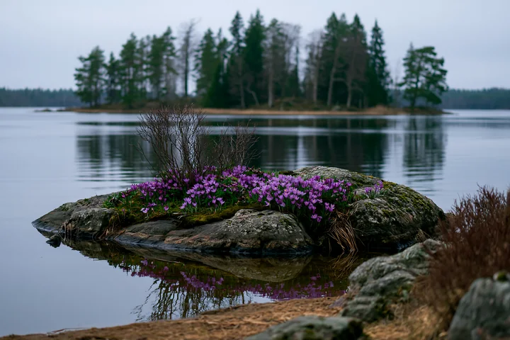 A small island covered with crocuses sits by still waters, surrounded by trees and rocky shoreline.