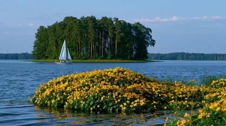 A small island covered with nasturtiums sits in a lake as a sailboat glides by on a clear day.