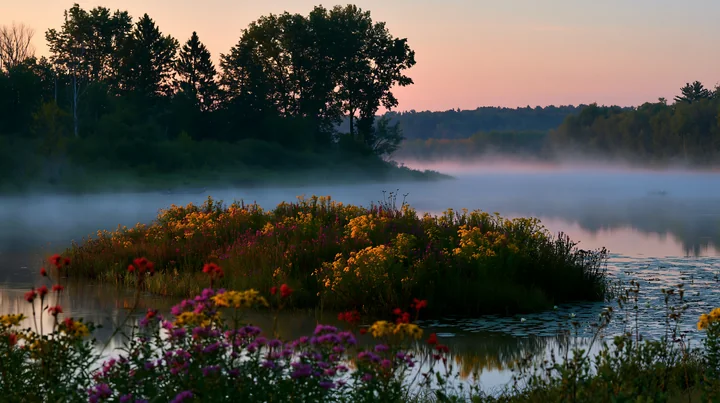 A small island with flowers sits in a body of water, enveloped in morning mist as the sun rises.