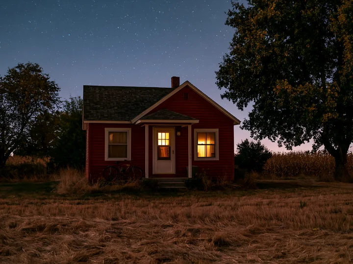 A small red house stands at night under a clear sky filled with stars, with warm light glowing from its windows.