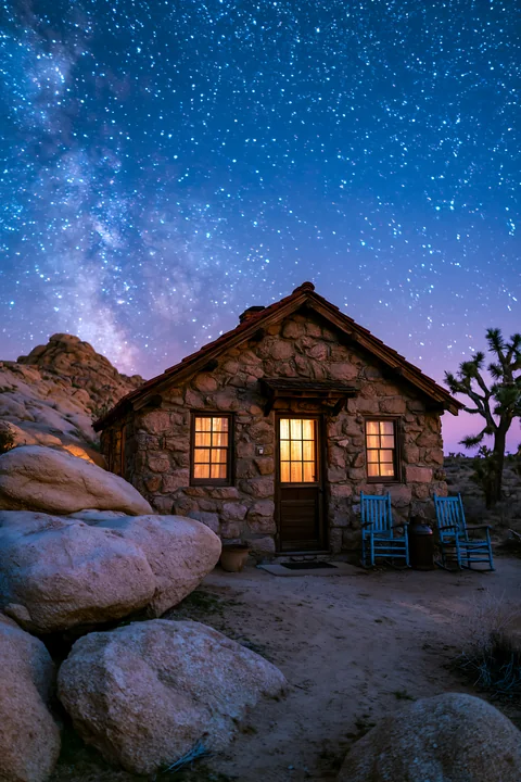 A small stone house sits under a vast starry sky, highlighting the milky way.