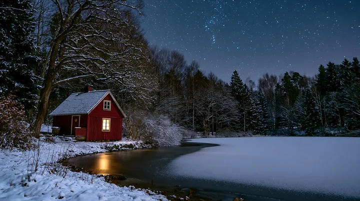A snow-covered cabin under stars stands near a frozen lake surrounded by trees.