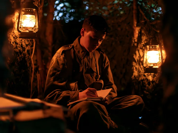 A soldier under camouflage netting sits in a makeshift shelter with lanterns.
