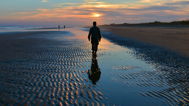 A soldier walks along the beach at sunset, leaving a clear shadow on the wet sand as waves gently touch the shore.