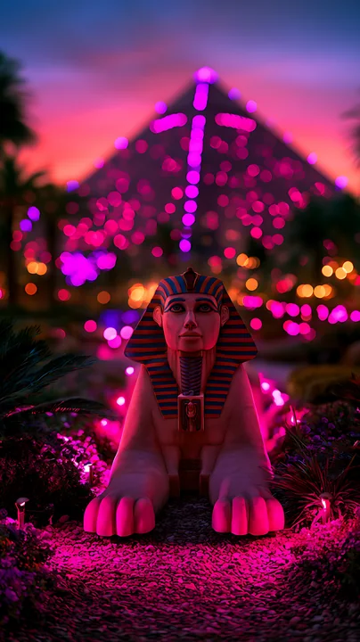 A sphinx statue is illuminated by colorful lights at night, set against a backdrop of a pyramid structure.