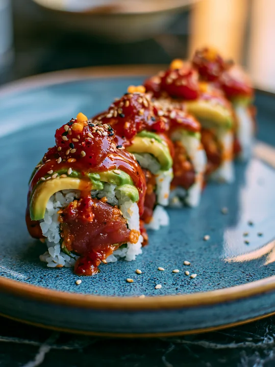 A spicy tuna roll close-up shows the vibrant colors of sushi topped with spicy sauce, avocado, and sesame seeds.