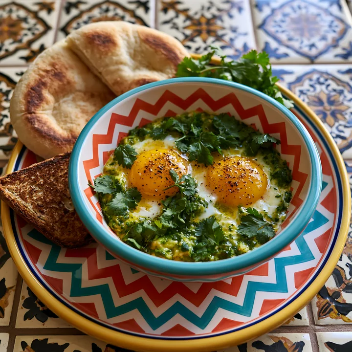 A spring breakfast plate features two sunny-side-up eggs topped with cilantro, served with toasted bread and flatbread.