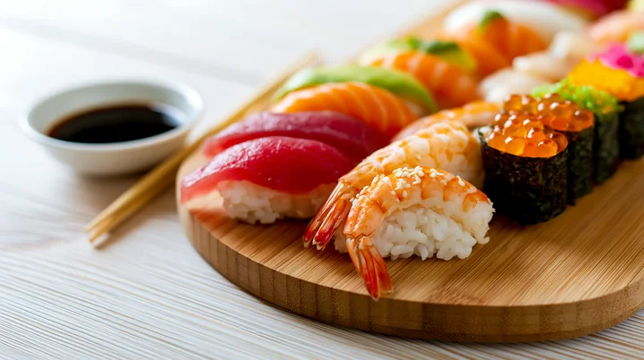 A sushi platter with negative space features various types of sushi, including shrimp, tuna, and salmon, arranged neatly on a wooden board, with soy sauce in a