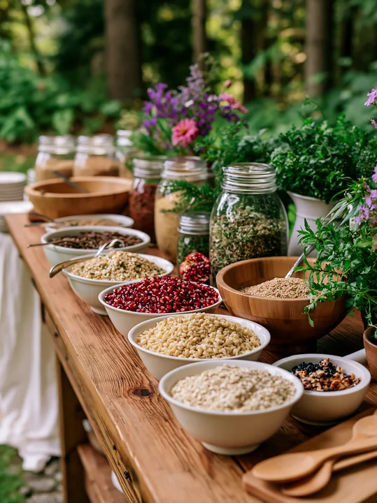 A table displays a zero waste buffet setup with bowls of grains, herbs, and spices arranged in jars and containers.