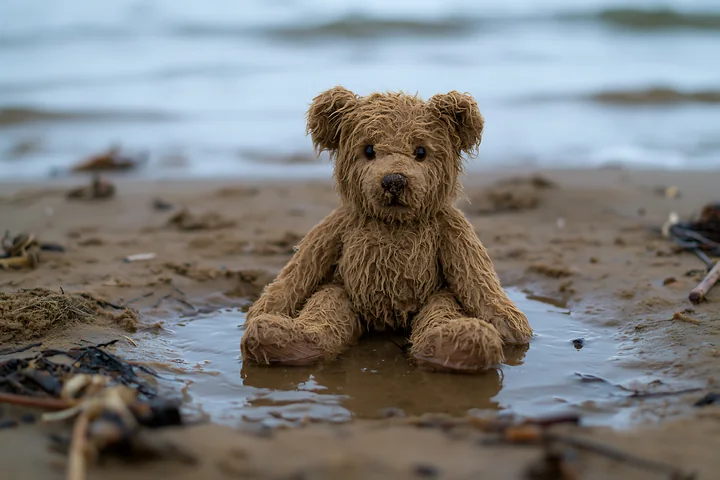 A teddy bear washed up in a shallow puddle sits on a sandy shore surrounded by small sticks and debris.