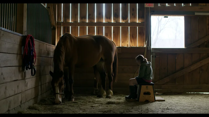 A therapy horse stands beside a patient sitting on a stool in a stable.