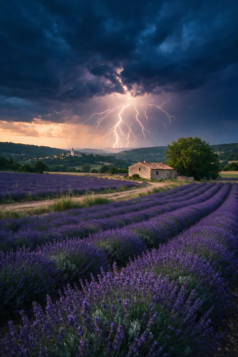 A thunderstorm illuminates a lavender field while lightning strikes in the distance.