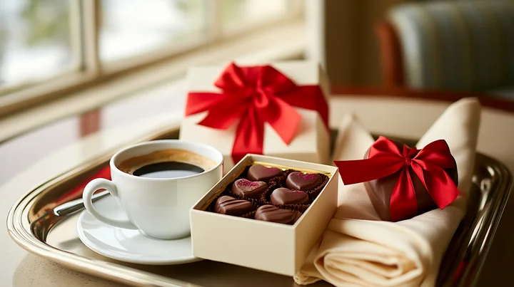 A tray holds heart-shaped chocolate pieces in gift packaging beside a cup of coffee and napkins.