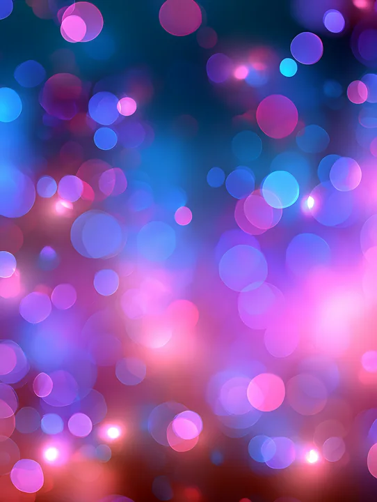 A vibrant abstract scene shows blurred circles of light in shades of pink, blue, and purple.