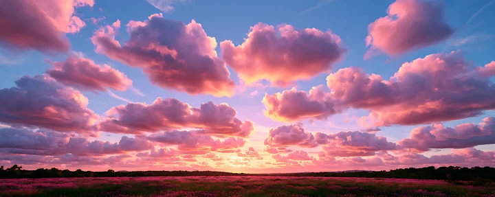 A vibrant sunset fills the sky with pink and orange hues above a field of flowers.