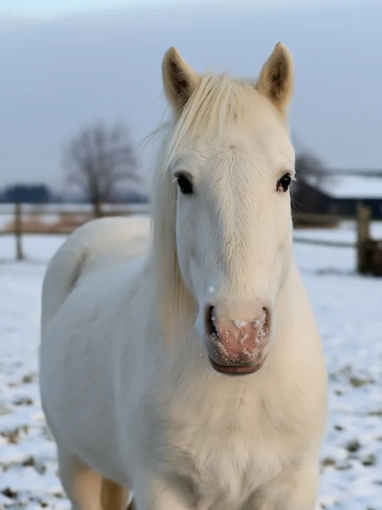 A white horse stands in a snowy field, looking directly at the camera.