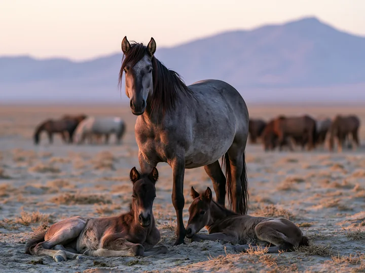 A wild horse stallion protects his herd in a wide open space at sunset.