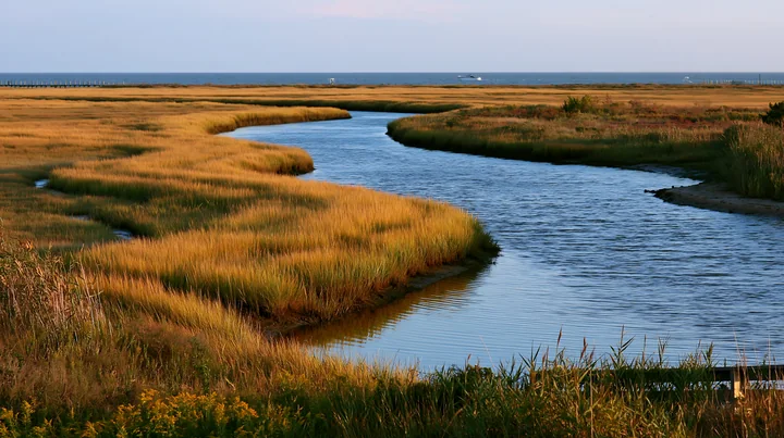 A winding river flows through grassy marshland that leads to the ocean, illustrating a coastline with protected marine habitat.