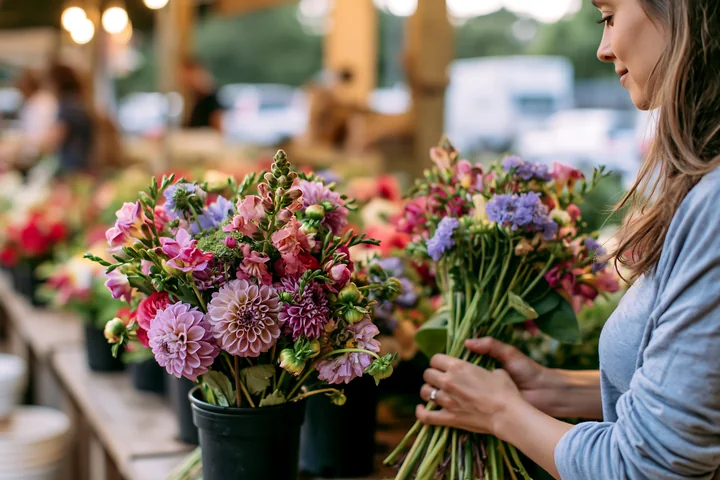 A woman arranges mixed seasonal flowers at a farmers market.