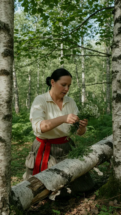 A woman in heritage attire gathers herbs in a dense forest.
