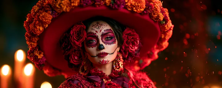A woman in traditional Day of the Dead attire stands surrounded by candles and flowers.