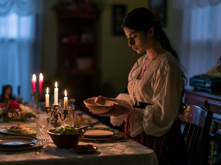 A woman in traditional dress holds a handmade ceramic bowl while standing at a candlelit dinner table.