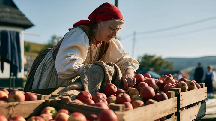 A woman is arranging apples in wooden crates at an outdoor market on a sunny day.
