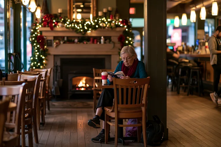 A woman sits in a festive coffee shop, reading while enjoying a drink.