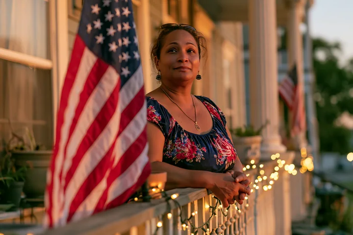 A woman stands on the balcony of an apartment building with an American flag outside.