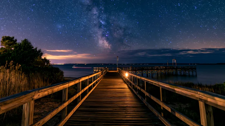 A wooden boardwalk extends into the water under a starry night over a coastal boardwalk.