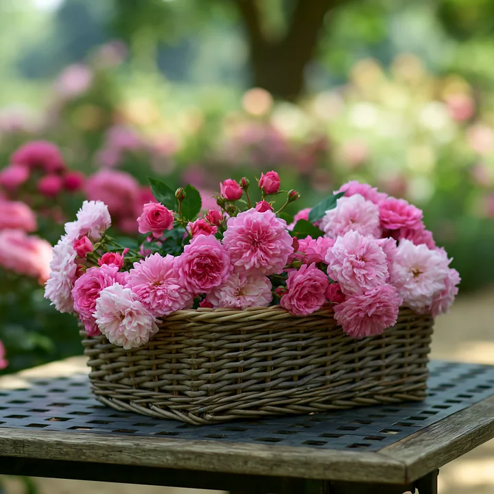 A woven basket filled with blooming roses sits on a table in a cottage garden surrounded by colorful flowers.