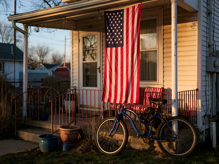 An American flag hanging from a porch in the evening light stands by a blue bicycle parked near the entrance.