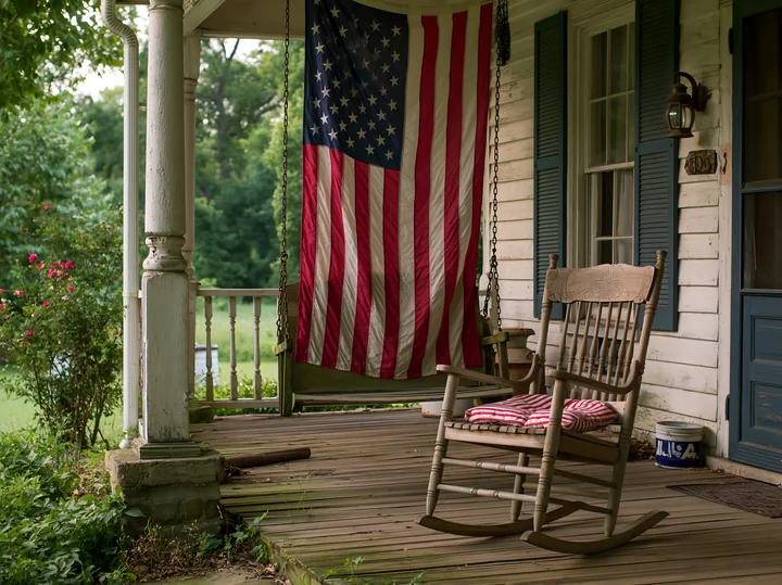 An American flag on rural farmhouse decorates the porch next to a rocking chair.