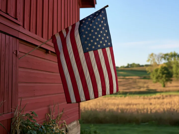 An American flag waving in gentle breeze hangs from a rustic barn in a rural setting.