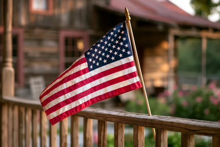 An American flag waving in gentle breeze is displayed on a wooden porch of a rustic cabin.