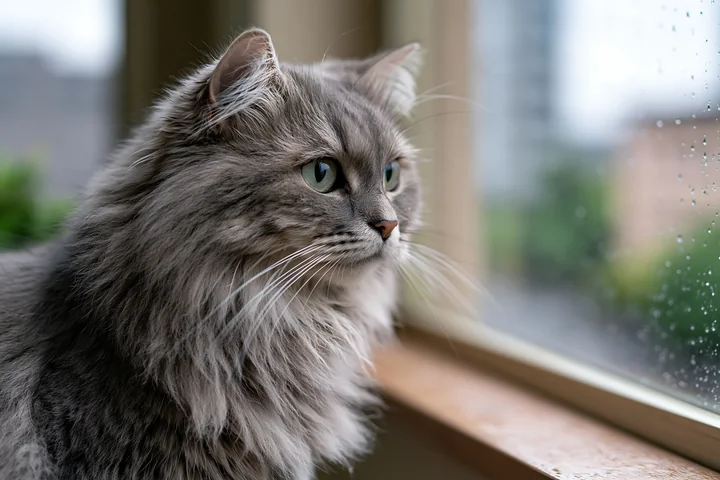 An Asian Semi-longhair cat sits by a window, gazing outside as rain falls.