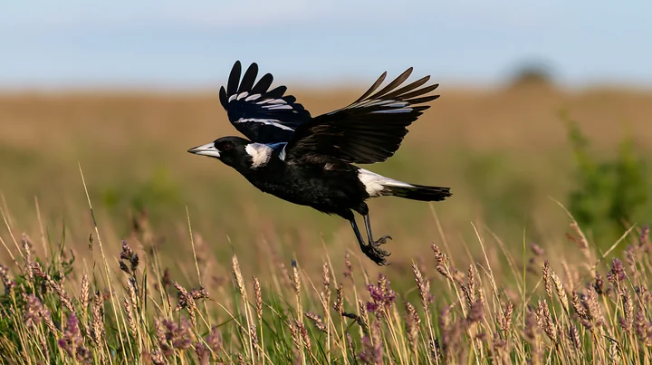An Australian magpie is in flight over a grassy field with tall grass.