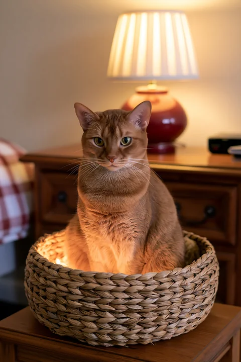 An Australian Mist cat sits in a woven basket, illuminated by warm light from a nearby lamp.