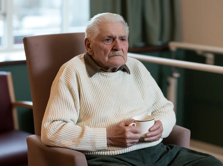 An elderly man sits in a chair, holding a cup while displaying signs of tremors in his hands.