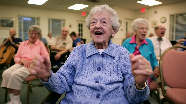 An elderly woman is singing joyfully in a Parkinson's therapy group, surrounded by other seniors who are also engaged in the activity.