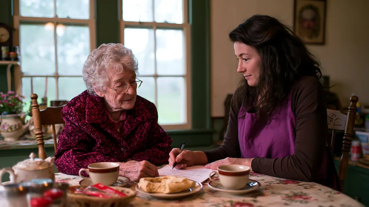 An elderly woman with Alzheimer's is seated at a table with a caregiver, who is assisting her in filling out a form before a doctor's visit.