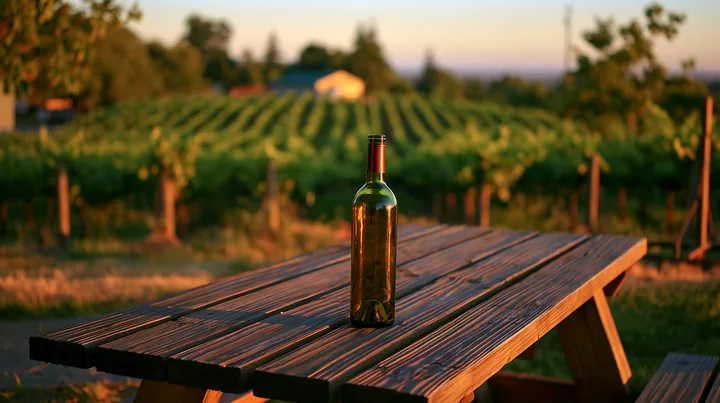 An empty bottle sits alone on a wooden picnic table with a vineyard in the background, as the sun sets, casting warm light over the scene.