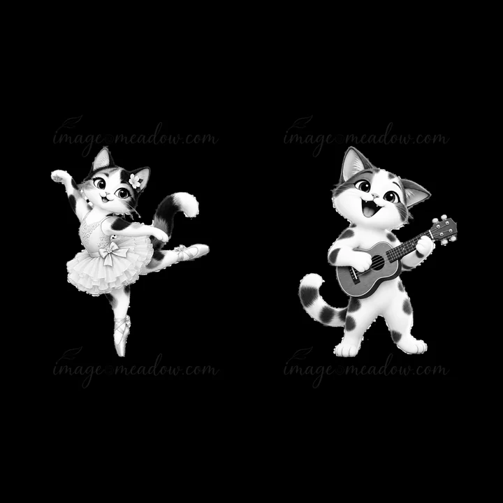 Two cartoon cats in black and white. One cat performs ballet with a tutu and the other cat plays a guitar. Both cats display joyful expressions in a playful set