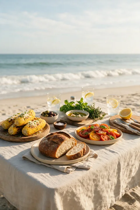 Beach picnic buffet with grilled corn, bread, tomatoes, drinks, and herbs on a table beside the ocean.