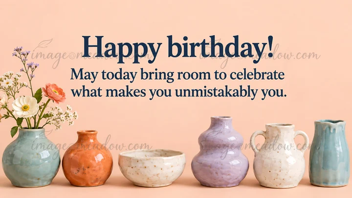 A peach birthday greeting pairs dark blue serif lettering with a flower-filled ceramic vase and a row of colorful pottery, celebrating what makes you unmistakab