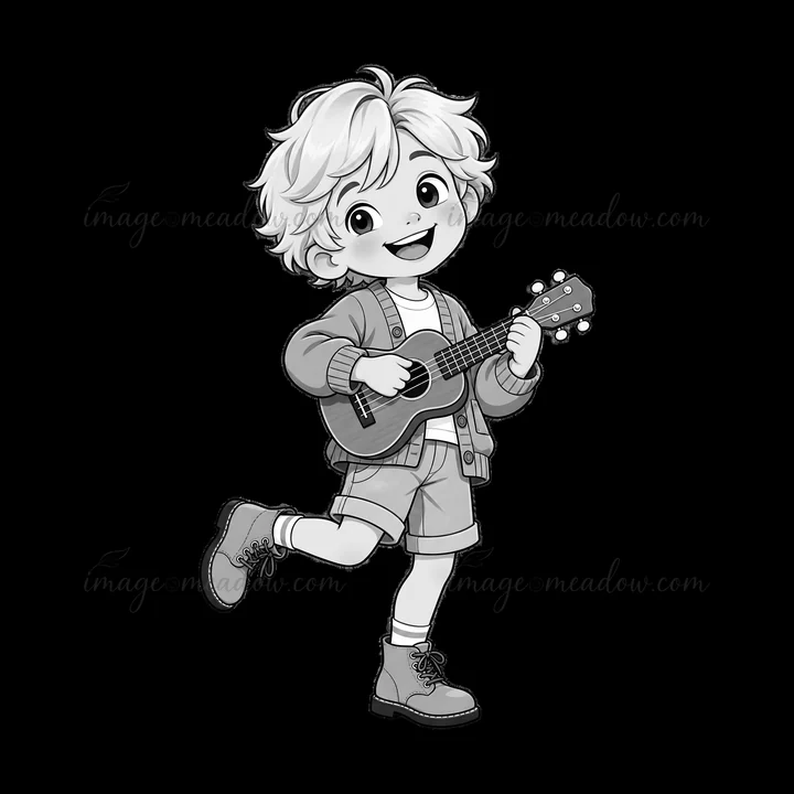 A child with blond hair plays a small ukulele while smiling. The boy wears a sweater, shorts, and boots, making a joyful music scene. He appears to be in a play