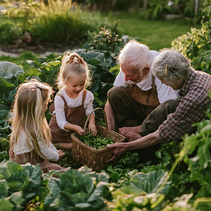 Blonde children collect vegetables with an elderly neighbor in a garden.