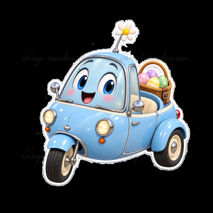A blue cartoon car is carrying a basket full of colorful Easter eggs. The vehicle is cheerful and has a cute face with a flower on the roof. This scene captures