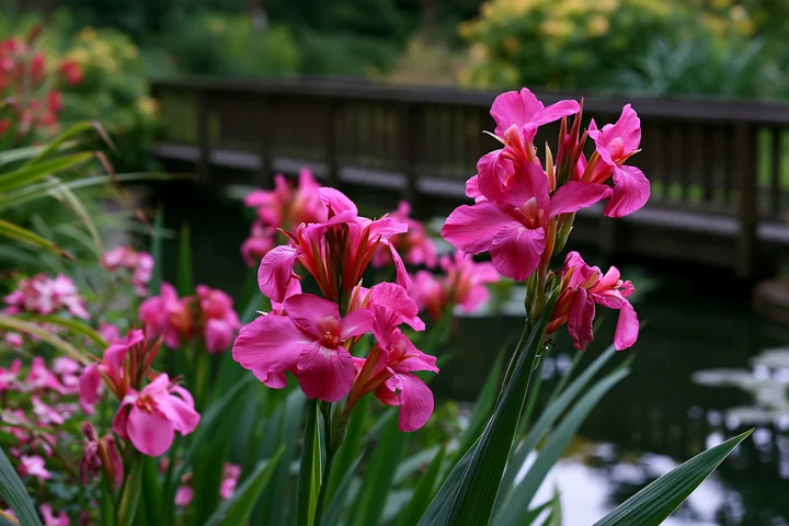 Bright canna lily flowers bloom near a pond, surrounded by lush green leaves and colorful blooms.